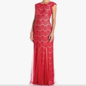 Betsy & Adam Red Lace Formal Gown